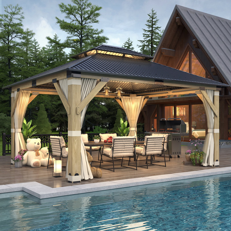 Toit-terrasse en acier galvanisé avec rideaux et filets pour l'extérieur en bois de cèdre l 15 pi x P 13 pi
