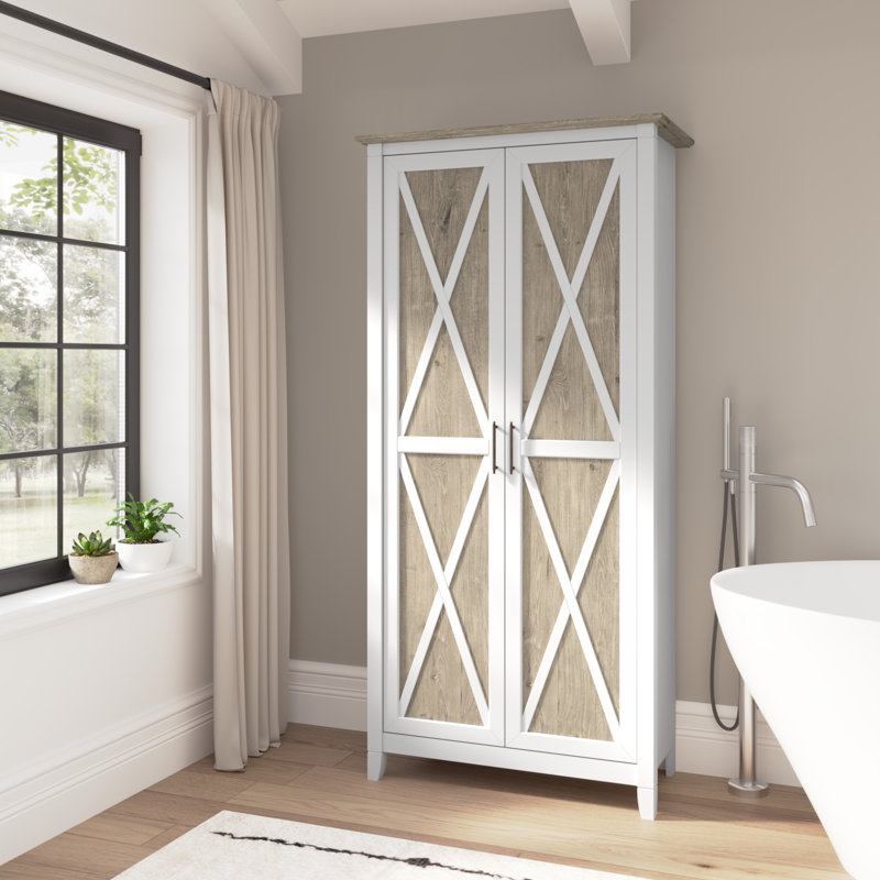 Armoire de salle de bain autoportante en bois d'ingénierie Huckins, Gris déclin / blanc pur