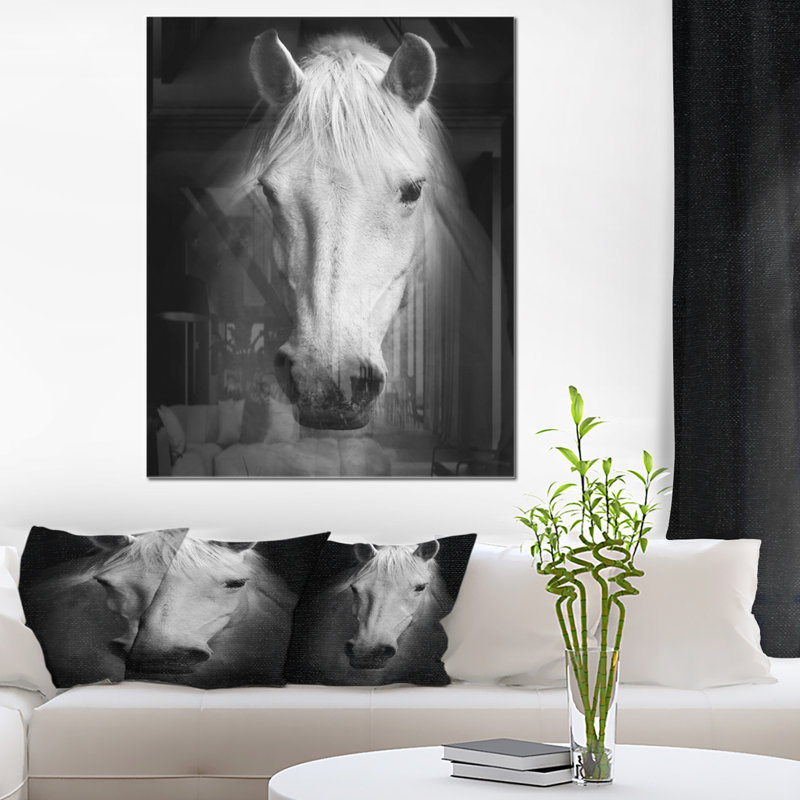 Cheval, reproduction d'art sur toile, cheval noir et blanc, H 40 po x l 30 po, Impression encadrée, Métal