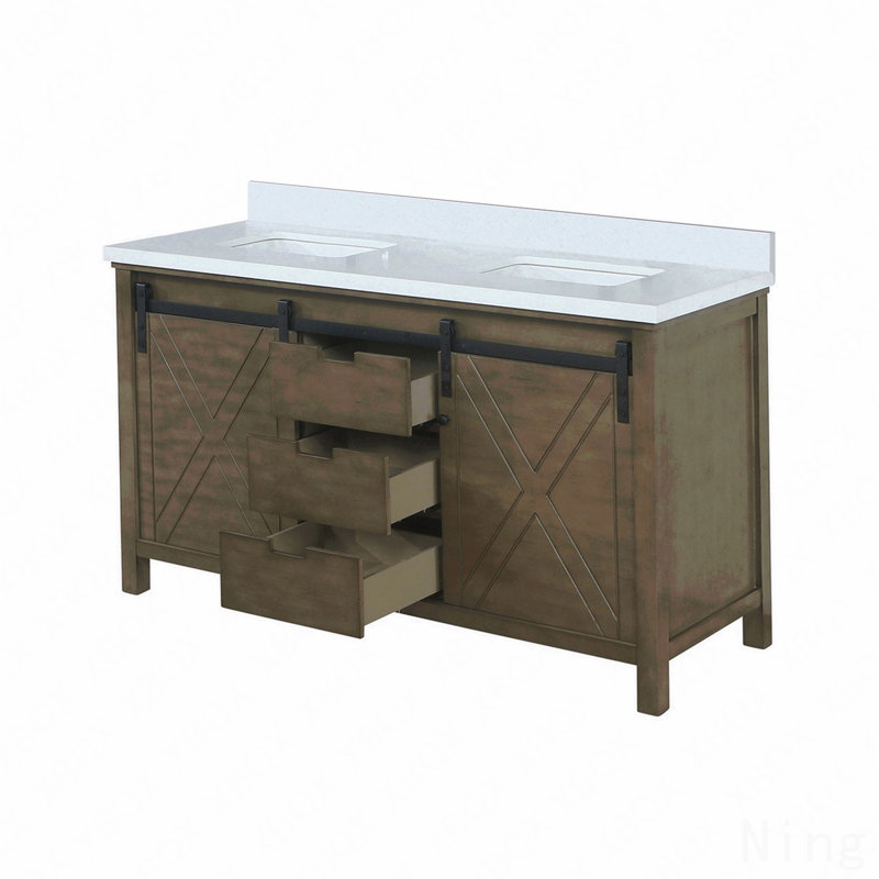 Meuble-lavabo double l 60 po x P 22 po, comptoir en quartz blanc, Brun