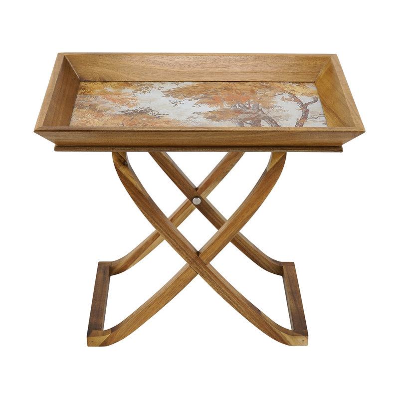 Table d'appoint pliante en bois d'acacia brun de 53 cm (20,7 po), plateau en verre miroir doré, table d'appoint décorative portable en forme de X pour salon
