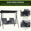 Balançoire de patio grise 2, balançoire à baldaquin avec table de rangement, porte-gobelet, abat-jour réglable, acier robuste, table coulissante d'une capacité de 528 lb et structure en acier, support