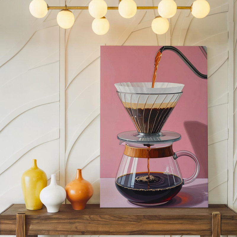 Art mural sur toile, versant sur une tasse de café, art numérique stylisé avec carafe en verre, prêt à accrocher, décoration murale