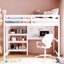 Lit mezzanine blanc avec accessoires fonctionnels. Tablettes, bureau, tableau d'écriture. Fabrication en pin. Améliorez l'utilisation de l'espace. Options pratiques pleine grandeur de l 57 po x H 65 po. Bois