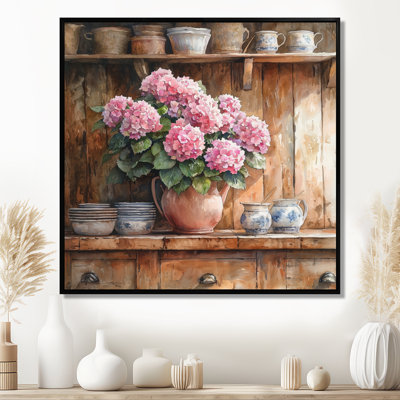 Hortensias à la ferme dans un vase en poterie IV - Hortensia, art mural de salon