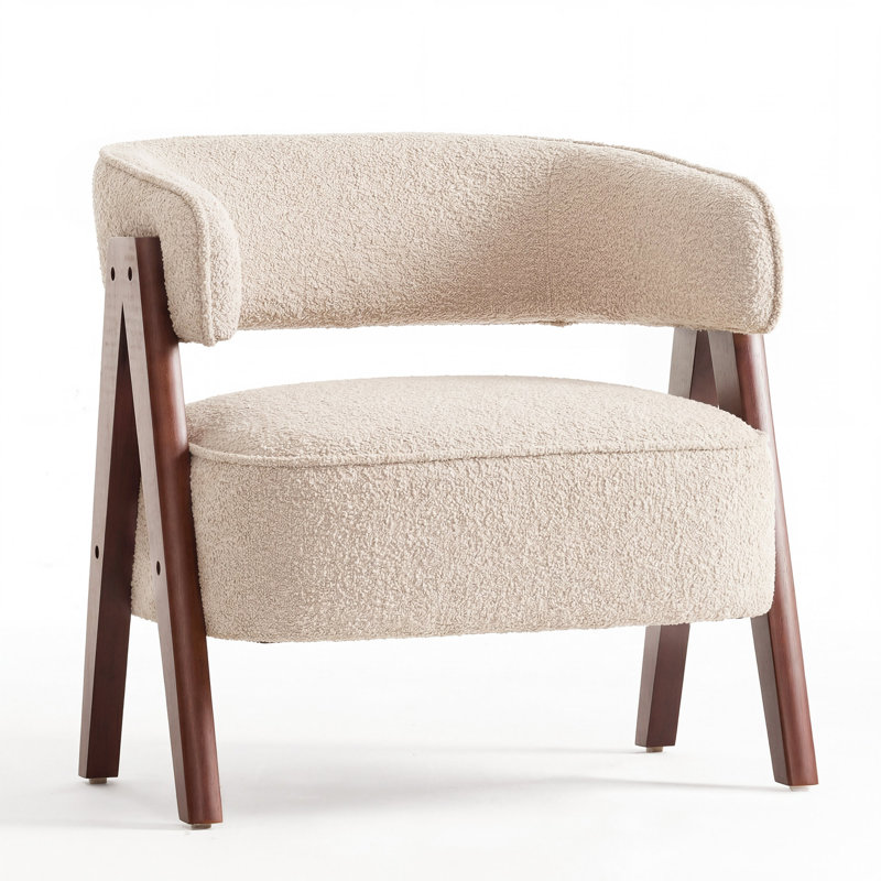 25"W Extra Wide Armchair With Wood Legs, Boucle Fabric Upholstered Accent Chair With Wingback, Mid-Century Modern Barrel Chair With Curved Arms, Thick Cushion For Living Room Bedroom Cafe, Green