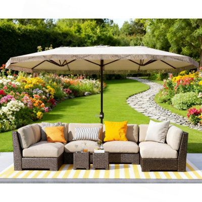Très grand parasol d'extérieur pour terrasse, rectangulaire, avec frange et manivelle