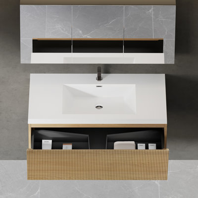 Meuble-lavabo flottant mural moderne 42 po en chêne naturel avec plateau en résine blanc brillant