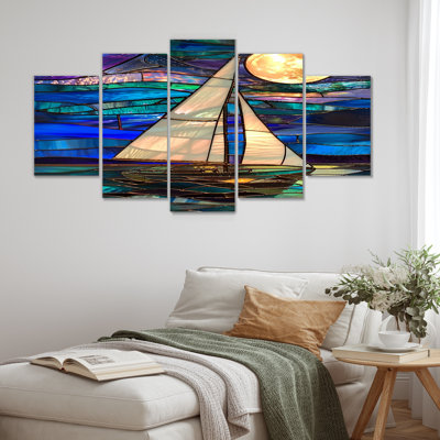Sailboat Moonlight On Blue And Green Ocean - Boat Wall Art Decor Set 5 Piece -  Design Art, PT93226-373