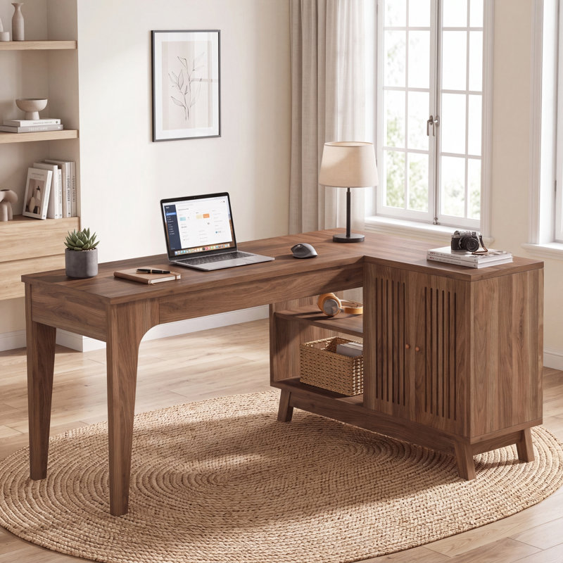 Bureau en L avec armoire de rangement, bureau de coin, Noyer