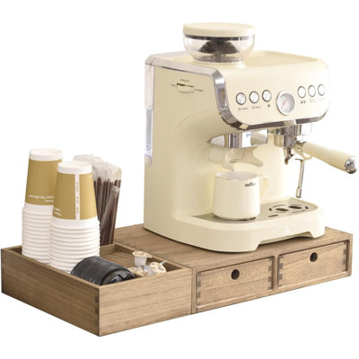 Organisateur de bar à café en bois avec tiroirs et compartiments pour dosettes de café, tasses et condiments - Solution de rangement tout-en-un pour votre station de café