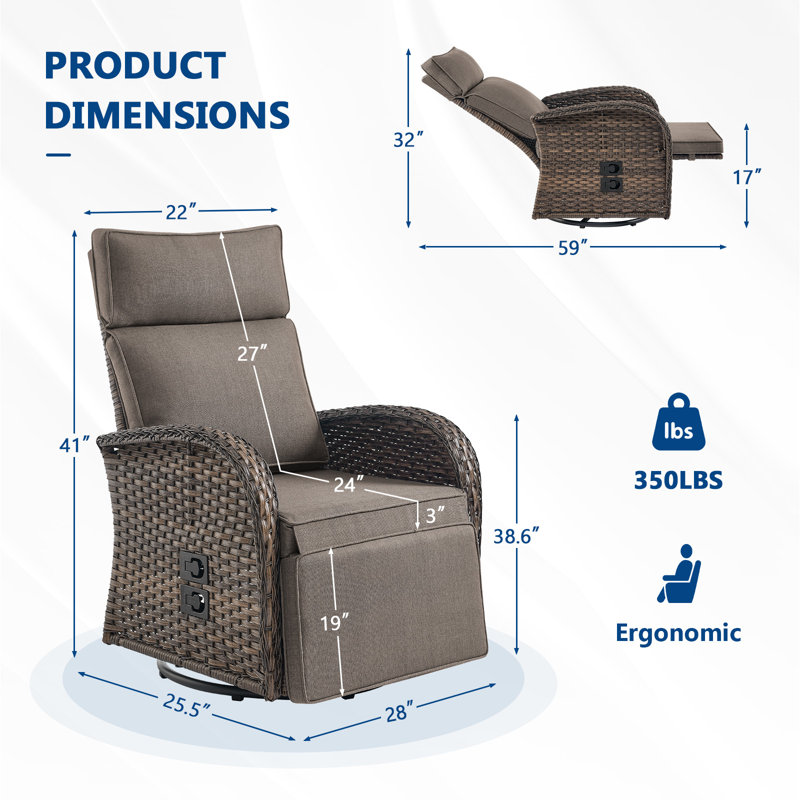 Arcturus Patio Recliner Swivel Chair With Adjustable Backrest & Footrest, All-Weather Outdoor Chaise Lounge Chair, Gray, 2