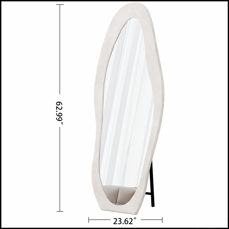 Full Length Floor Mirror With Flannel Wrapped Wooden Frame, Irregular Wavy Design For Modern Bedrooms And Living Rooms
