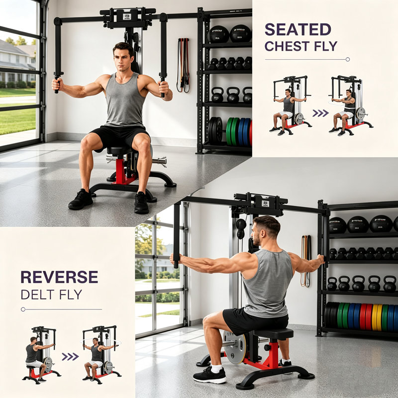 Appareil de musculation 3 en 1 pour les pectoraux, avec bras réglables pour les écartés couchés, les écartés inversés et les crunchs à la poulie, équipement de musculation compact pour la maison.