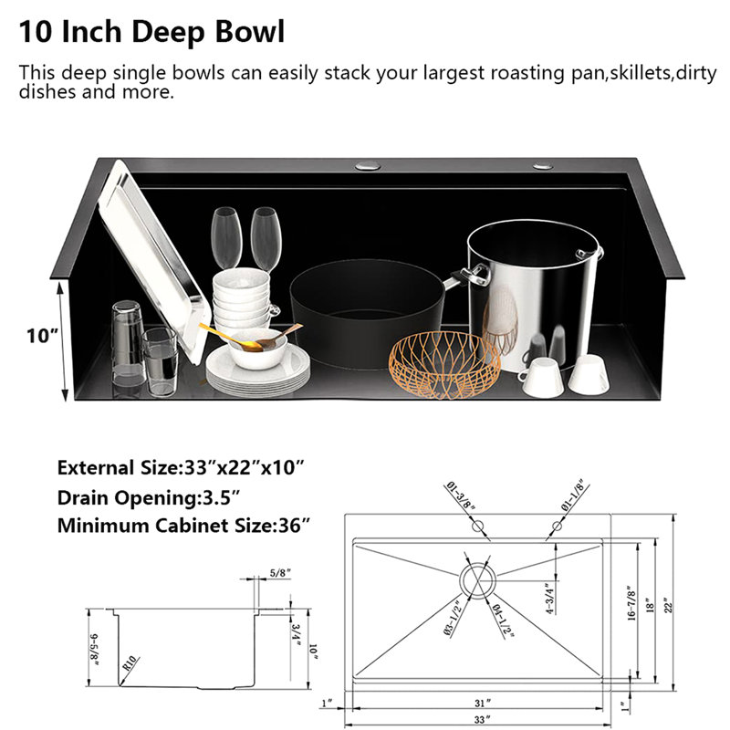Évier de cuisine encastré de 33 po - Acier inoxydable avec rebord pour des accessoires pratiques et pratiques de 33 po