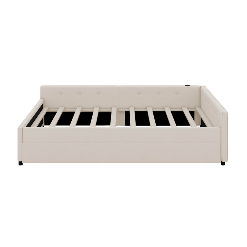 Upholstered Platform Bed with USB and Twin Size Trundle, Queen