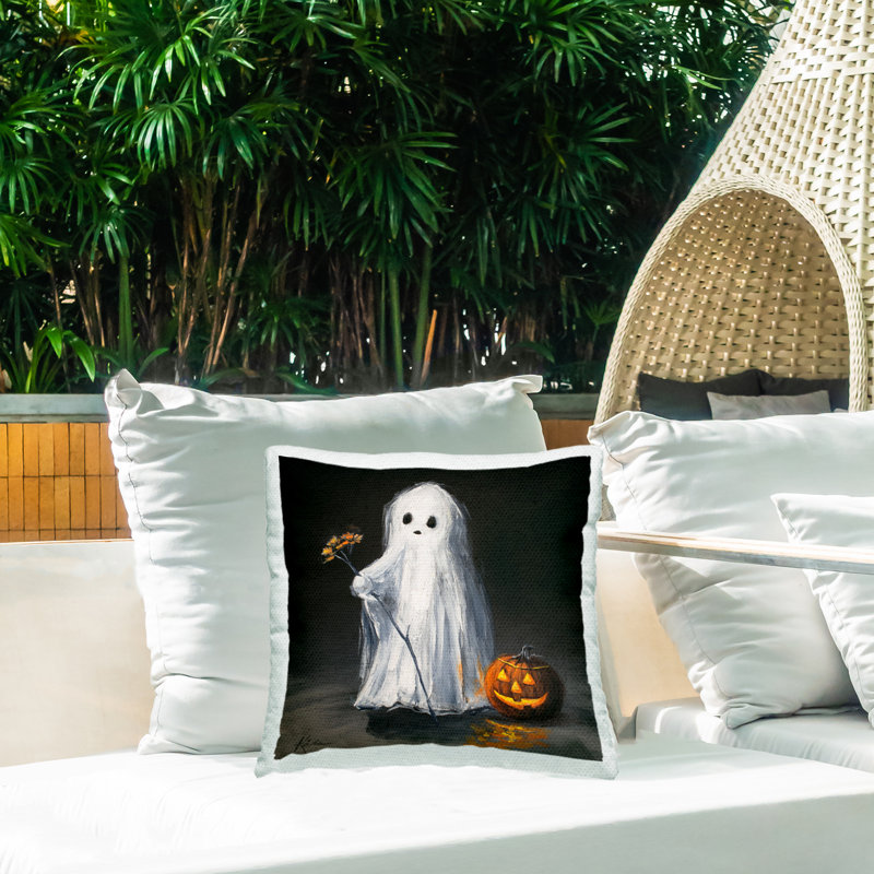 Oreiller rétro vintage imprimé fantôme et citrouille d'Halloween par Lindsay Kivi Fine Art