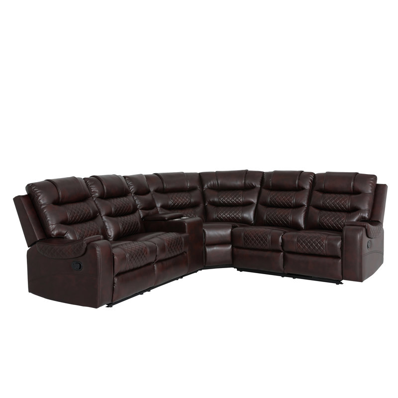 L-Shape Manual Recliners Sectional Brown corner Faux Leather Sofa 3-Piece Couch Set  for Living Room, Brown Faux Leather