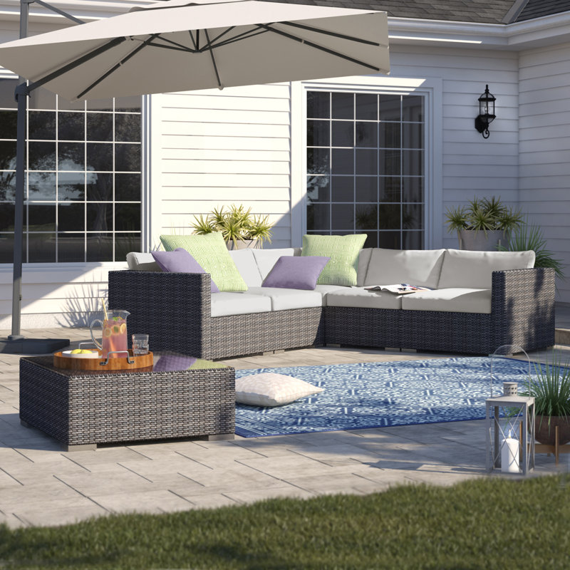 Josselyn 4 - Person Modular Patio Conversation Set with Cushions, Brown Frame/Beige Cushion