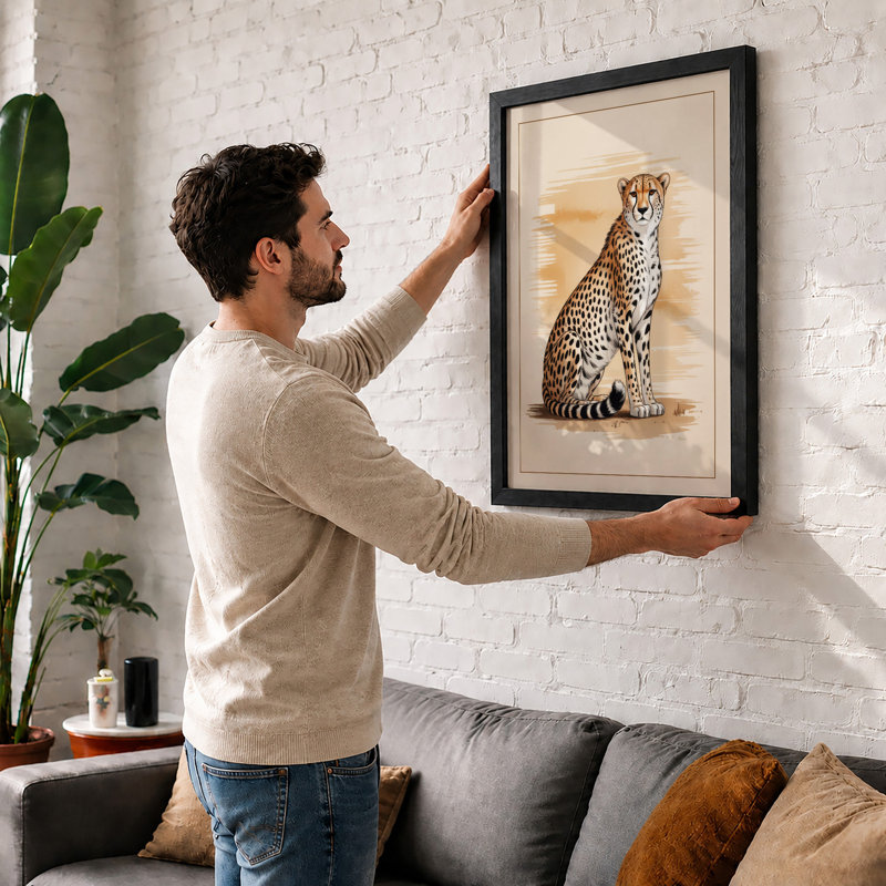 Seated Cheetah Boho - Framed Print, A4 - 29.7 x 21.0 cm, Black