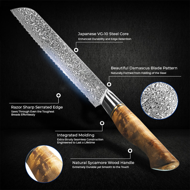 Couteau à pain en acier Damas japonais de 10 po avec manche en bois de sycomore «Dynasty» VG10