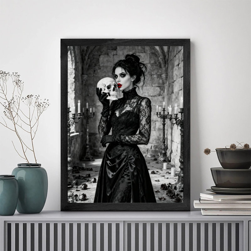 «Black», encadré noir, rétro, gothique romantique, dames et crâne, art mural, impressions de style rétro, H 17 po x l 13 po