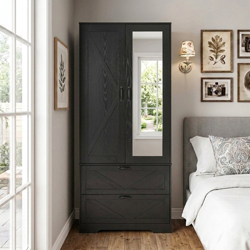 Armoire 71 po H avec miroir, capteur de lumière, tiroirs et tringle, Black