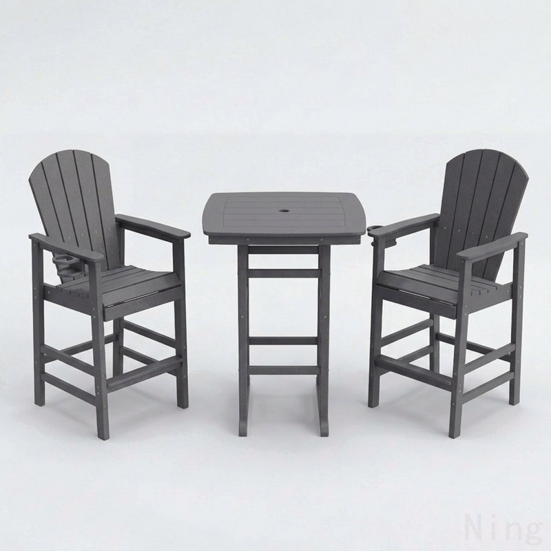 3-Piece Hdpe Bar-Height Patio Bistro Set, 42.1" Square High Top Pub Table + 2 Bar Chairs, All-Weather Outdoor Dining Set, Gray