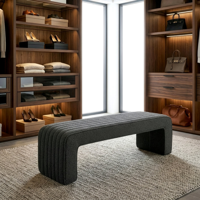 Benicia Boucle Upholstered Fabric Tufted Bench, Grey