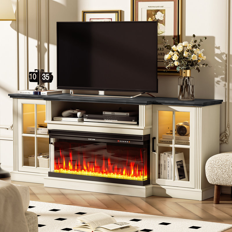 70" 3-sided Fireplace Tv Stand For Tvs Up To 80", Entertainment Center With 34" Electric Fireplace,led Light Tv Consoles For Living Room,farmhouse Highboy Media Console W/glass Door Cabinet