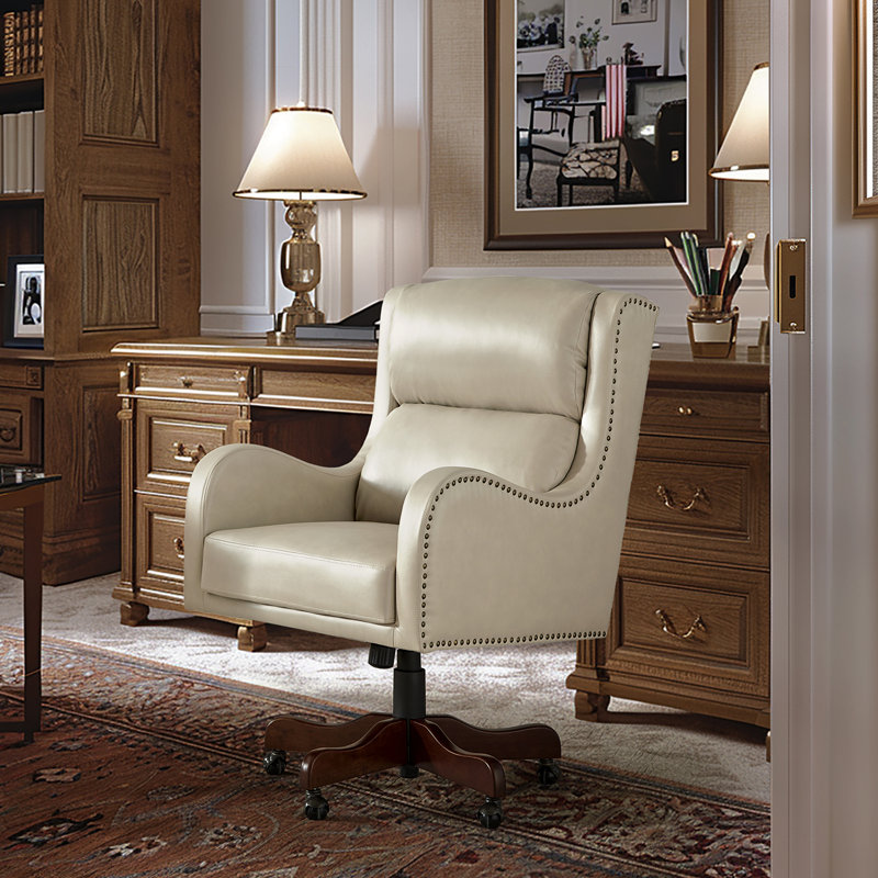 Lundgren 45'' H Vegan Leather Tilting Executive Chair with  Lumbar Support  and Solid Wood Base, Beige