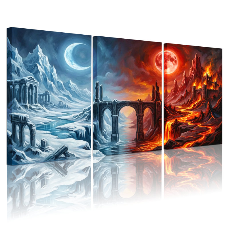 Paysage, nature, glace, lune, ruines, pont, feu, château, H 18 po x l 36 po