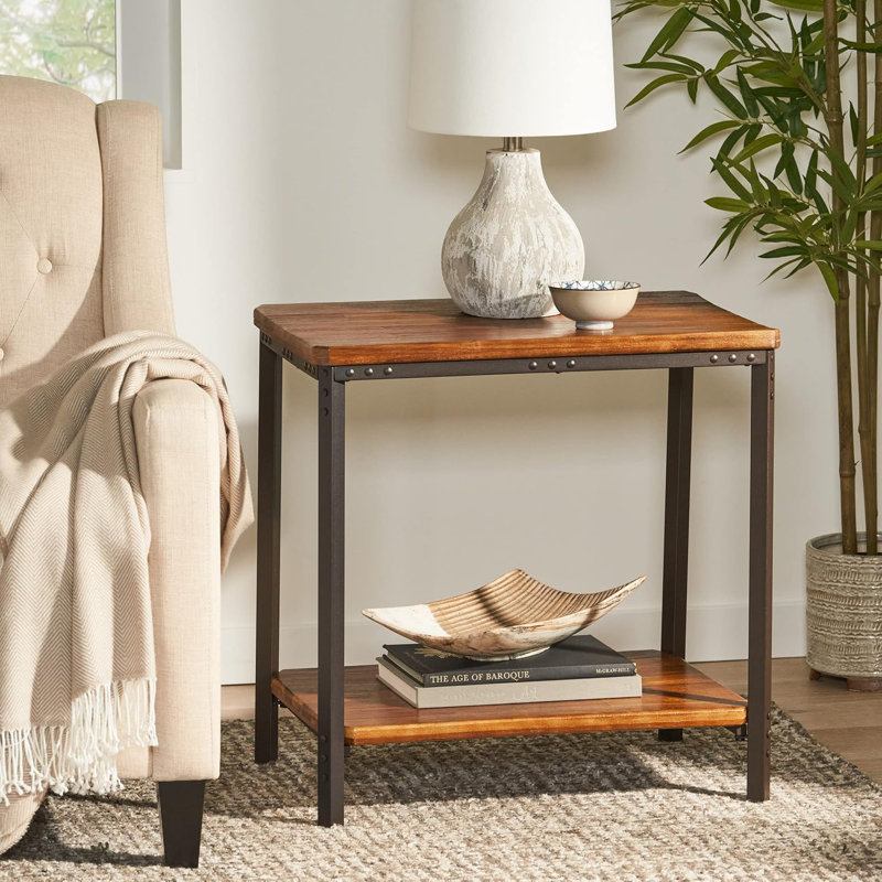 Rustic Metal And Hardwood End Table With Bottom Shelf For Extra Storage, Easy Assembly, Neutral Design