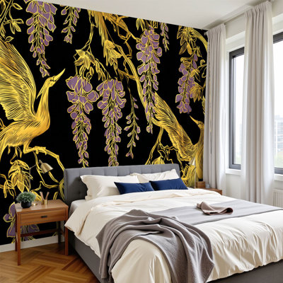 Peel and Stick Wallpaper 96" W x 69" H Modern Self Adhesive Wall Mural for Bedroom cran bird wisteria seamless japanese chinese gold black traditional