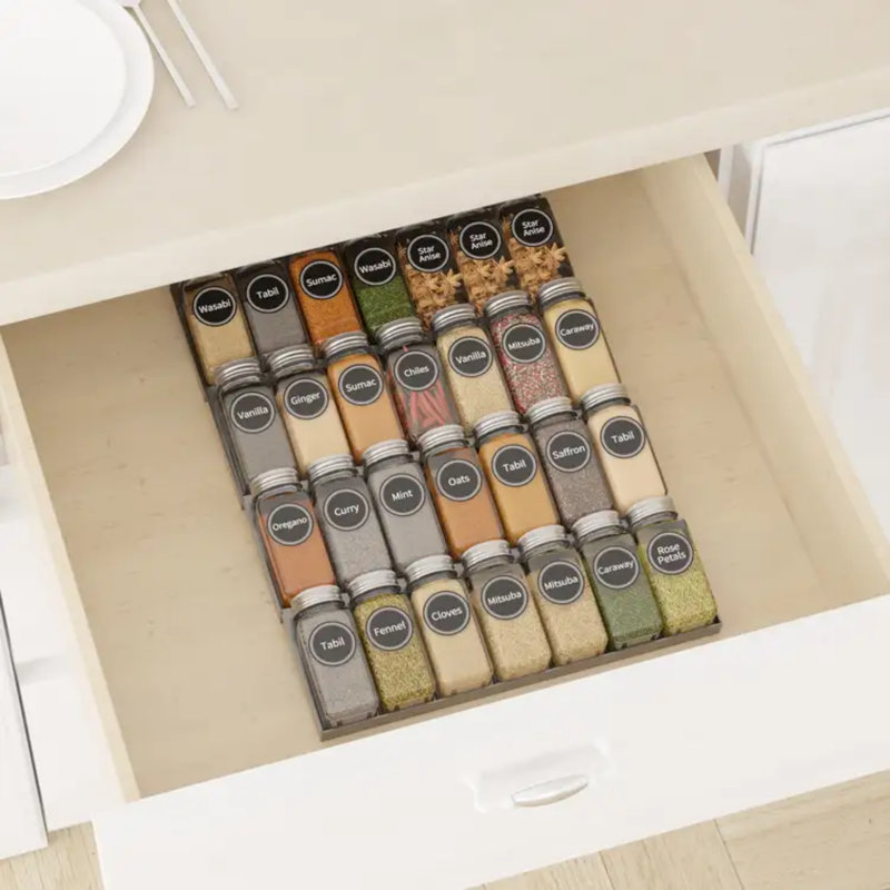 4-Tier Spice Drawer Organizer with Spice Jars and 386 Spice Labels, Seasoning Rack Tray Insert for Kitchen Drawer Storage