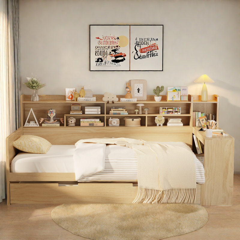 Multifunctional Wooden Daybed With Storage Shelves, Study Desk And Trundle, Natural, Twin