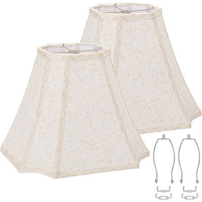 Set of 2 Square Cut Corner Bell Lamp Shades, Beige Natural Linen, 6.5"x13"x10.5", Handcrafted Replacement Shades with 2 Lamp Harps for E26 & Saddle Base