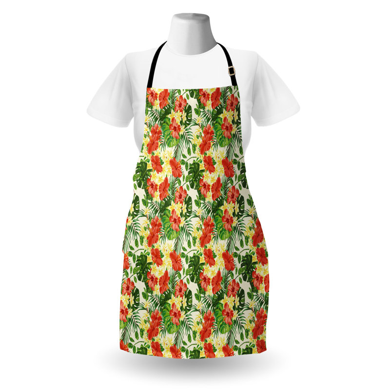 Tablier tropical East Urban Home unisexe, motif de fleurs exotiques, taille adulte, rouge jaune pâle