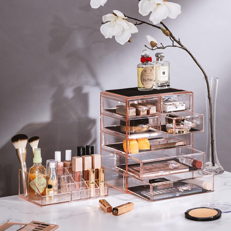 Rangement à 7 tiroirs pour maquillage et bijoux en acrylique, Rose transparent