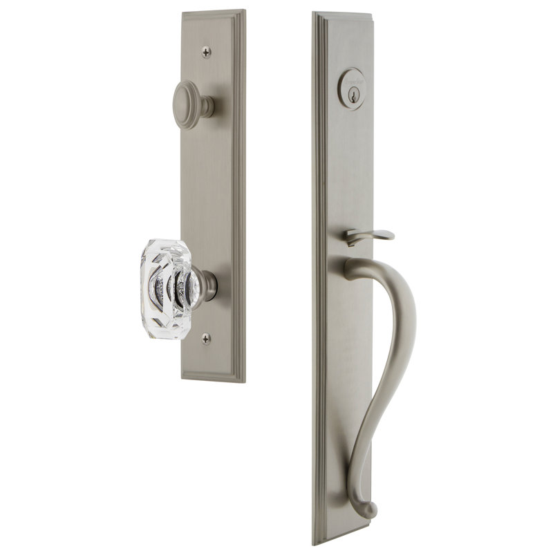 Carré Handleset with Single Cylinder Deadbolt and Baguette Crystal Door Knob and Rosette, 2.75", Satin Nickel