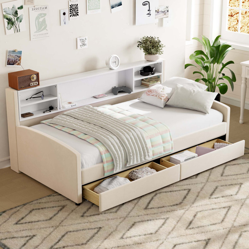 Lit plateforme simple tapissier avec rangement et tiroirs, Beige