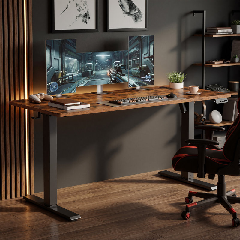 Adjustable Steel Computer Desk, 120 cm H x 140 cm W x 60 cm D, Black, Rustic Brown