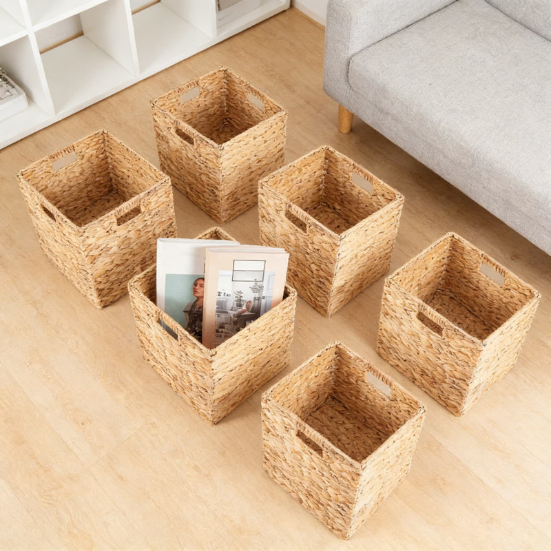 Handwoven Water Hyacinth Storage Baskets, 12-Pack Foldable Cube Bins With Handles For Home Organization, Laundry, Shelves, And Closet