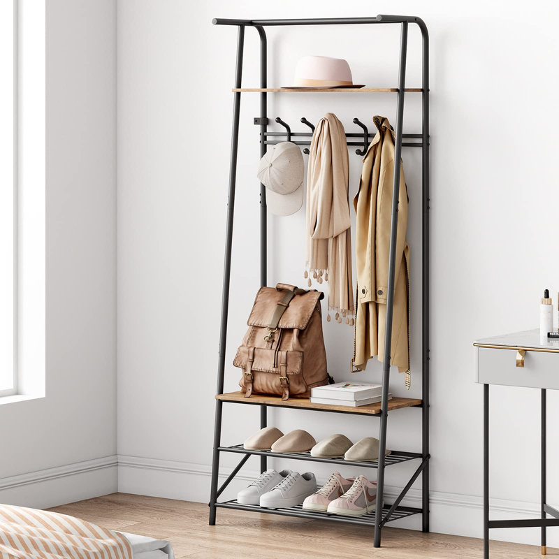 4-in-1 Hall Tree with Bench & Shoe Storage, Freestanding Steel Frame Coat Rack with 5 Hooks, 60cm Width Single Row Hook, Rustic Brown Entryway Organizer for Living Room, Bedroom