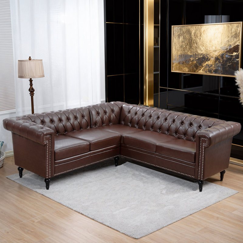 Canapé Chesterfield en forme de L 84 po avec accoudoirs roulés et garniture cloutée en forme de L, Brun