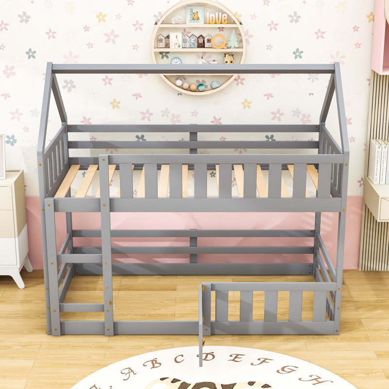 Twin Over Twin House-Shaped Bunk Bed With Ladder And Door, Gray
