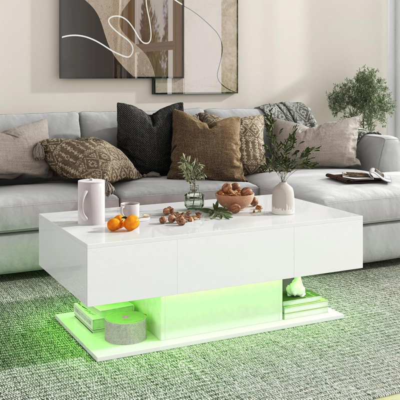Table basse, table centrale à 2 niveaux avec 2 tiroirs de rangement, luminosité et vitesse réglables