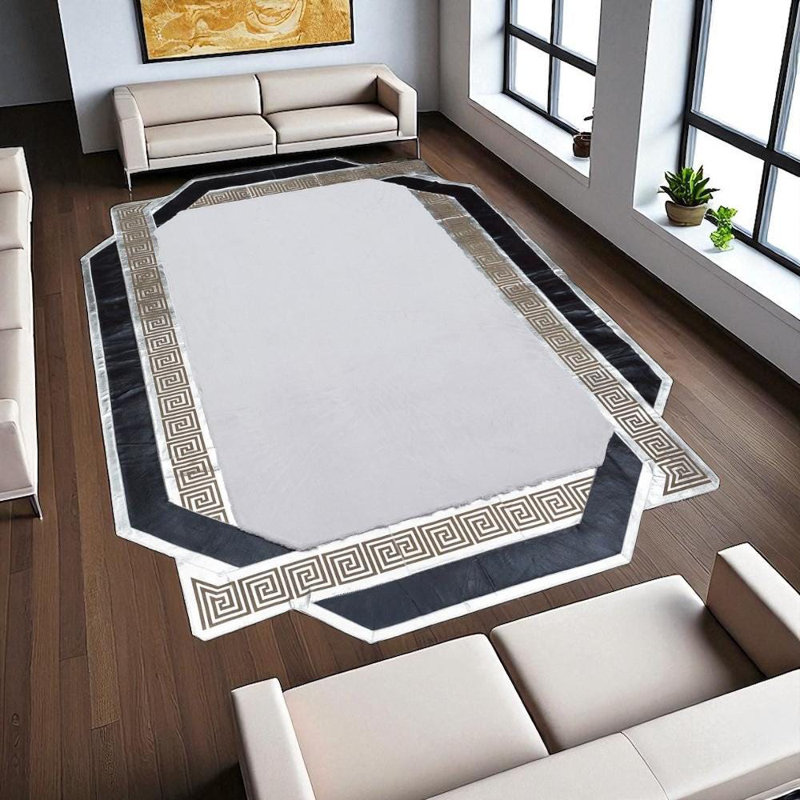 Tapis irrégulier blanc et noir moelleux, tapis en fourrure douce de taille personnalisée, tapis à poils longs à bordure grecque, tapis antidérapant de 9,5 pi x 13,5 pi
