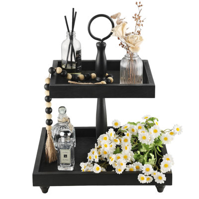 Support de plateau à niveaux, plateau décoratif en bois rustique à 2 niveaux avec guirlande de perles, centre de table de comptoir en bois de style campagnard pour café bar Home Decor Holiday Holloween