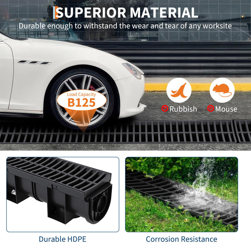 Paquet de 6, système de drainage de tranchée modulaire, drain en PEHD l 39,4 po x l 5,9 po x H 5,1 po avec grille en plastique, profil profond robuste pour l'allée, la piscine, le patio, le jardin et le trottoir